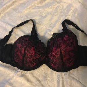 HOT Pink 42DD bra with Black lace cover. Worn once